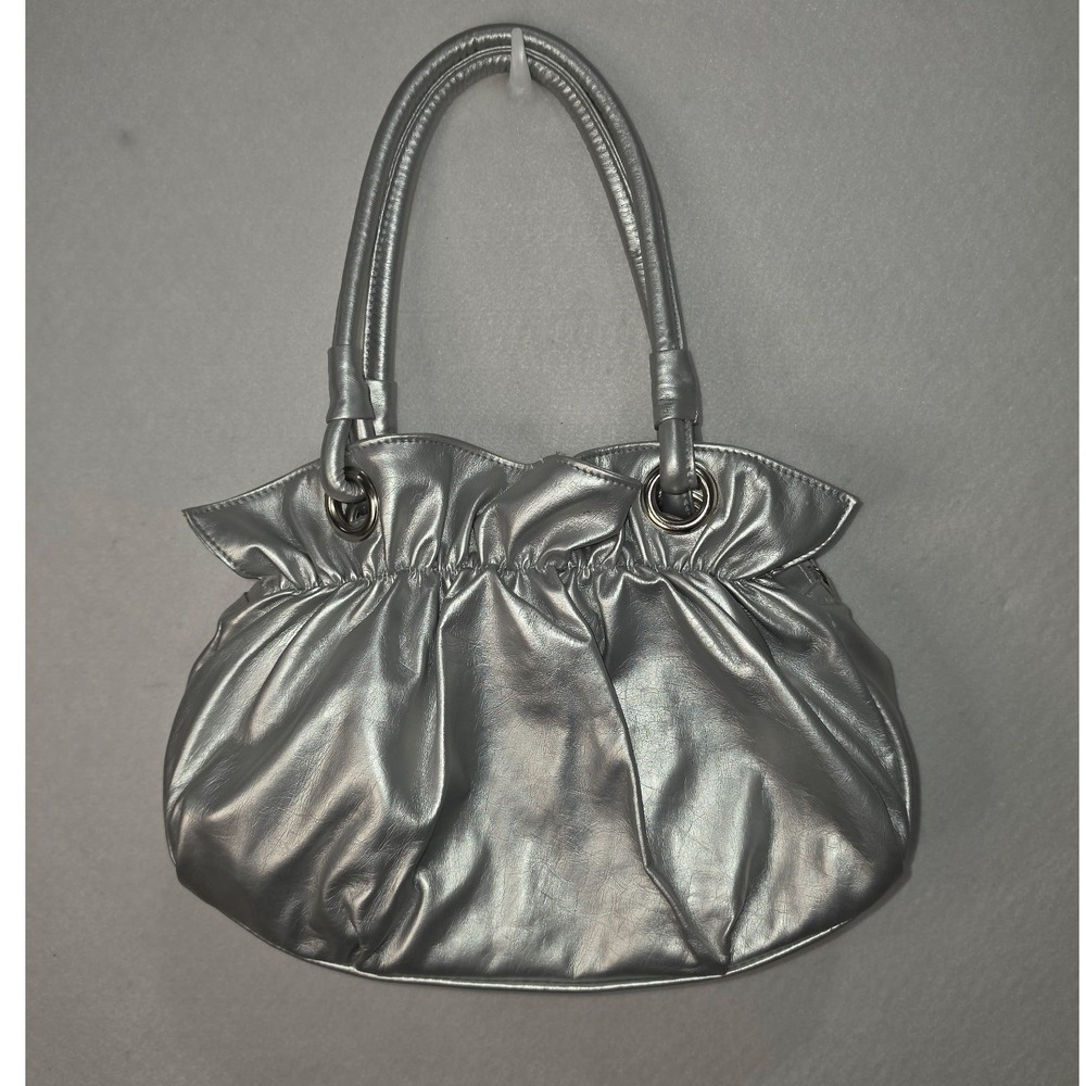 Minicci Metallic Silver Ruched Shoulder Bag Faux Leather Slouchy Tote NWT